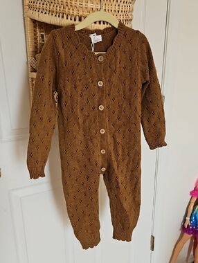 Jamie Kay Knit Button-Front Brown One-Piece,  Pointelle Romper